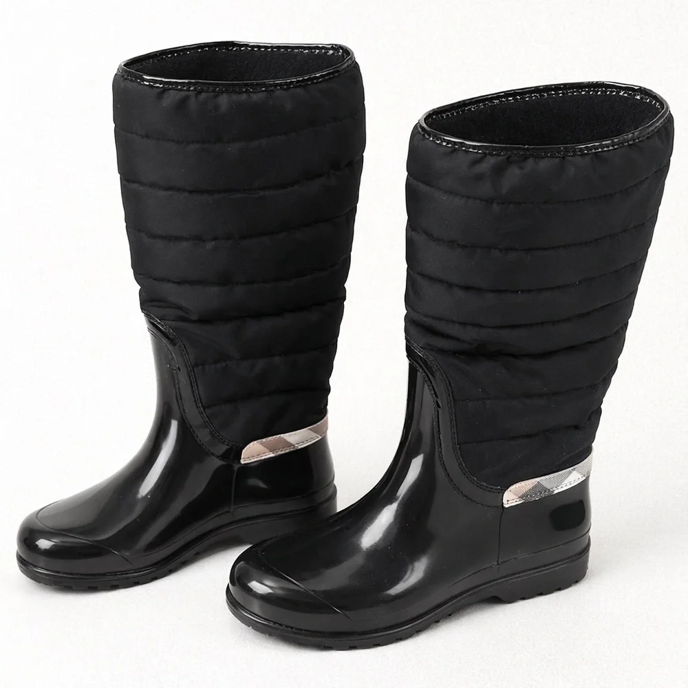 Burberry Black Quilted Mid-Calf Rain Boot with Beige Check Trim - Picture 3 of 3